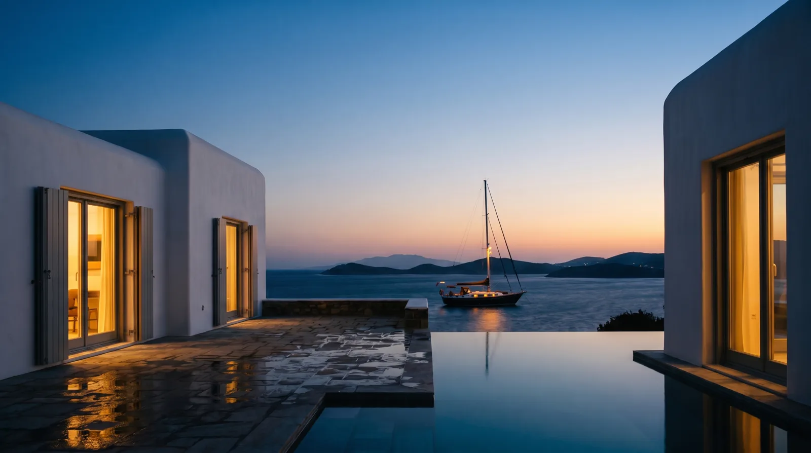 Terraza de una villa mediterránea al atardecer, piscina infinita frente al mar Egeo